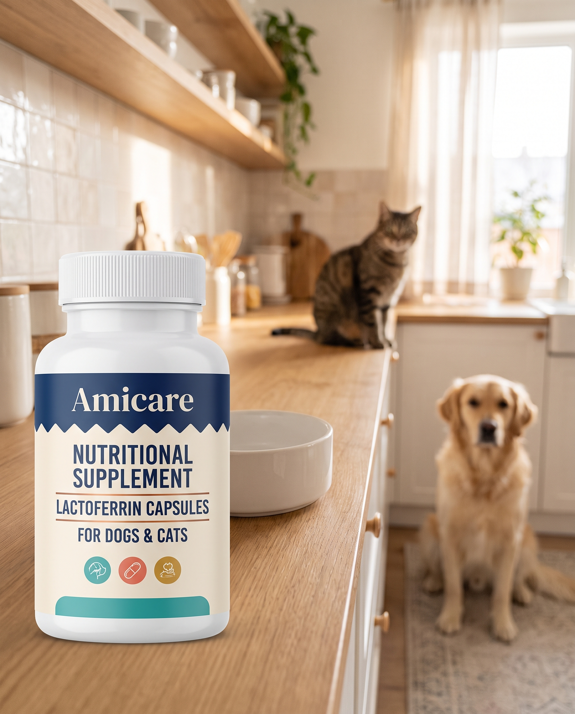 Amicare on a kitchen counter with a golden retriever and a cat