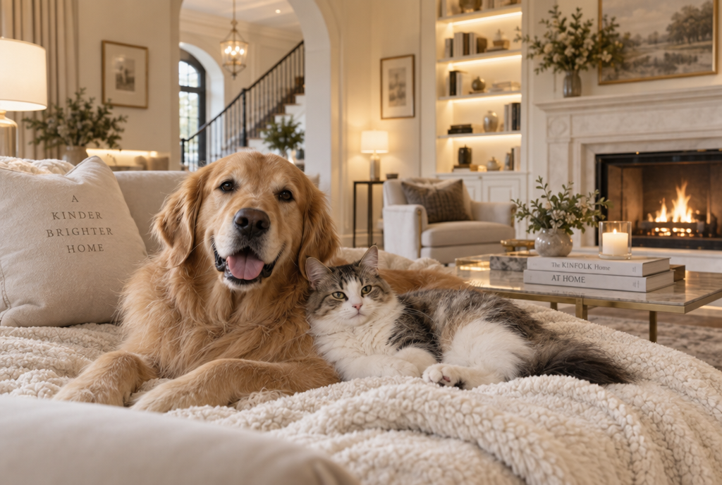 A puppy and kitten together in a warm, welcoming home